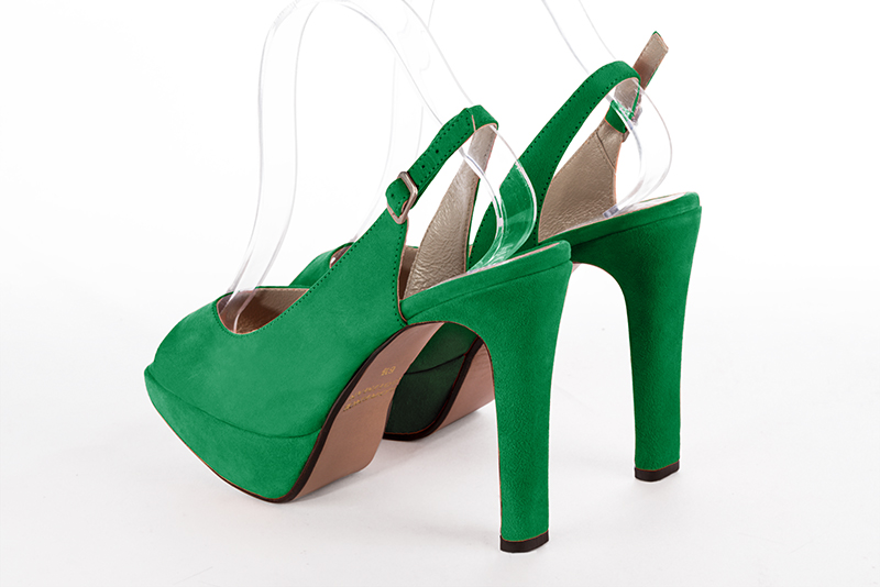 Emerald green women's slingback sandals. Round toe. Very high slim heel with a platform at the front. Rear view - Florence KOOIJMAN